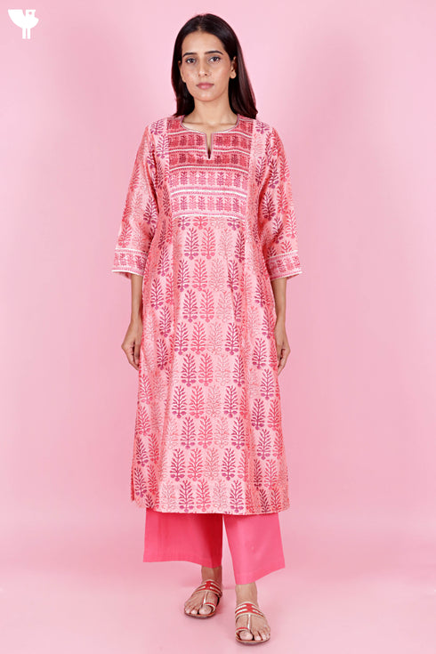Chanderi Silk Kurta Dupatta And Pant Set With Block Print